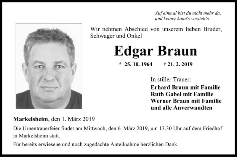  Traueranzeige für Edgar Braun vom 01.03.2019 aus Fränkische Nachrichten