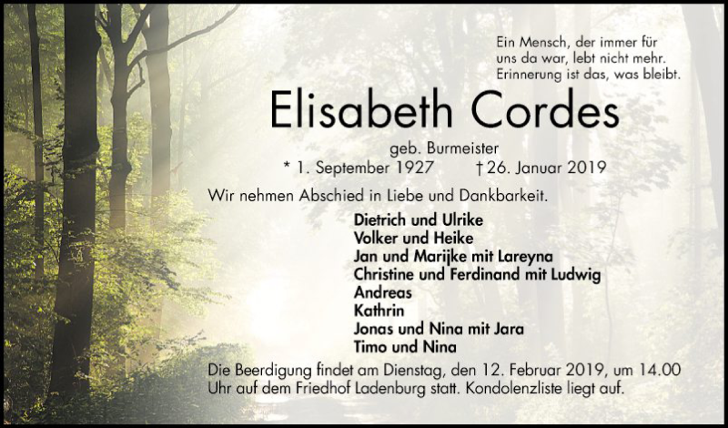 Traueranzeige für Elisabeth Cordes vom 02.02.2019 aus Mannheimer Morgen