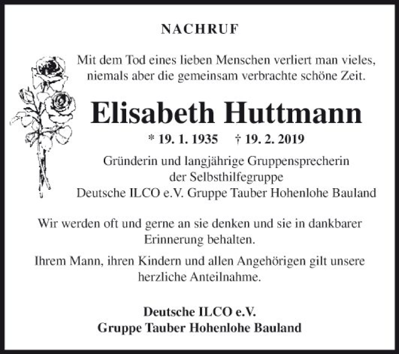  Traueranzeige für Elisabeth Huttmann vom 26.02.2019 aus Fränkische Nachrichten