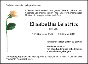 Traueranzeige von Elisabetha Leistritz von Schwetzinger Zeitung