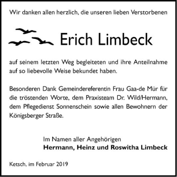 Traueranzeige von Erich Limbeck von Schwetzinger Zeitung