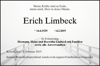 Traueranzeige von Erich Limbeck von Schwetzinger Zeitung