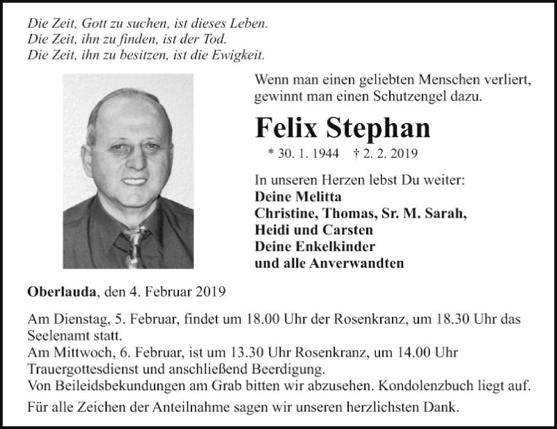  Traueranzeige für Felix Stephan vom 04.02.2019 aus Fränkische Nachrichten