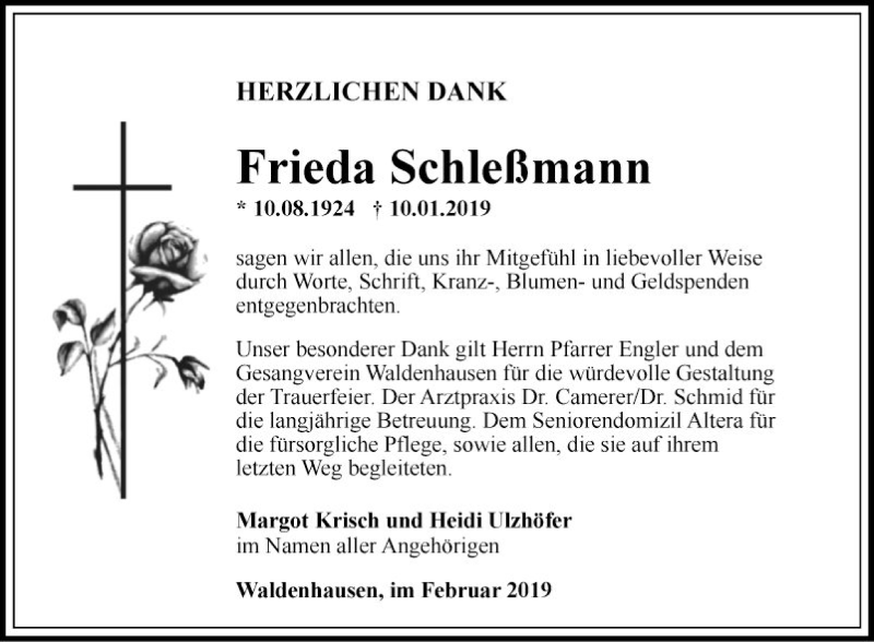 Traueranzeige für Frieda Schleßmann vom 02.02.2019 aus Fränkische Nachrichten