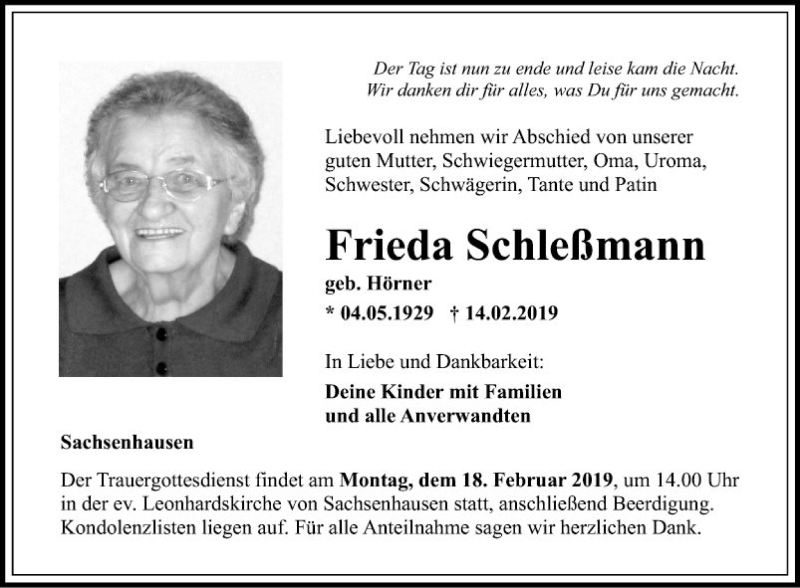  Traueranzeige für Frieda Schleßmann vom 16.02.2019 aus Fränkische Nachrichten