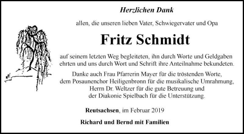 Traueranzeige für Fritz Schmidt vom 23.02.2019 aus Fränkische Nachrichten