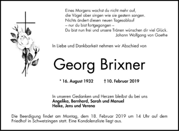 Traueranzeige von Georg Brixner von Schwetzinger Zeitung
