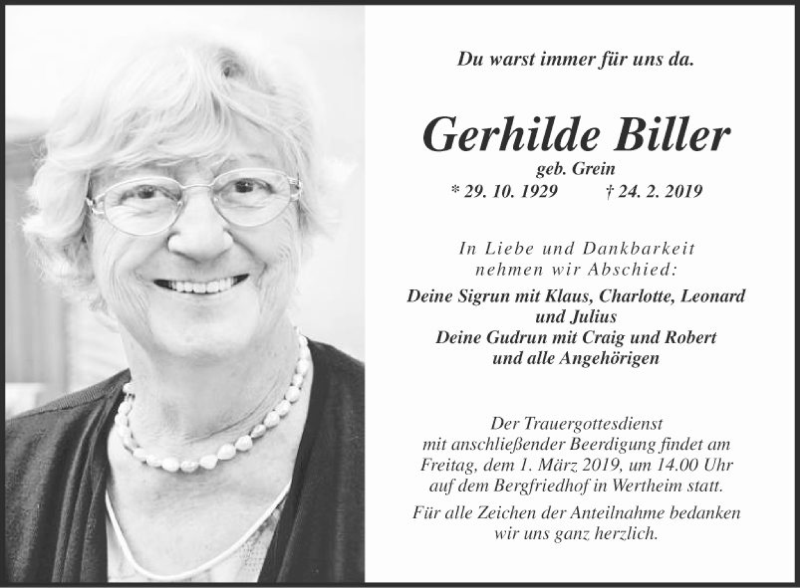  Traueranzeige für Gerhilde Biller vom 27.02.2019 aus Fränkische Nachrichten