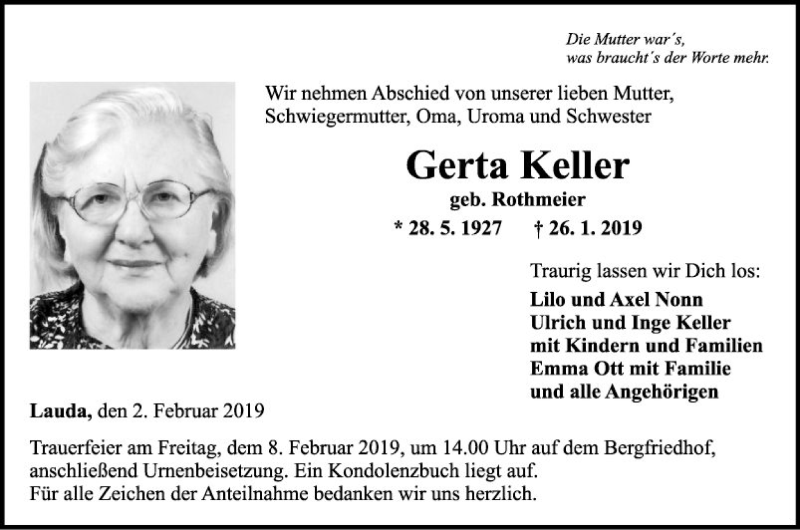  Traueranzeige für Gerta Keller vom 02.02.2019 aus Fränkische Nachrichten