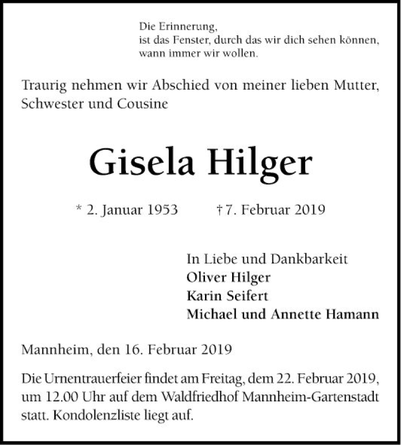  Traueranzeige für Gisela Hilger vom 16.02.2019 aus Mannheimer Morgen