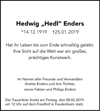 Traueranzeige von Hedwig Enders von Mannheimer Morgen