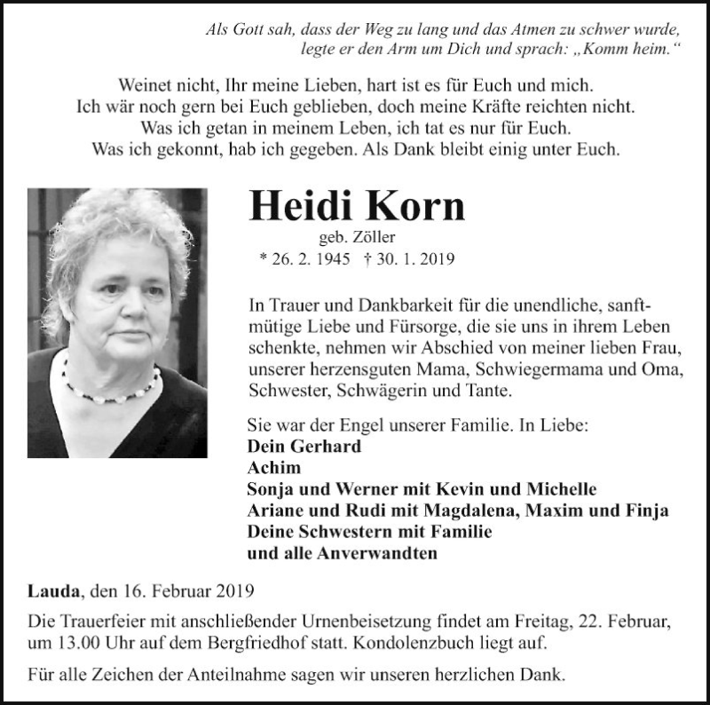  Traueranzeige für Heidi Korn vom 16.02.2019 aus Fränkische Nachrichten