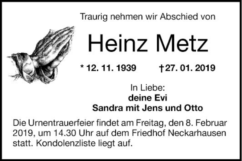  Traueranzeige für Heinz Metz vom 02.02.2019 aus Mannheimer Morgen