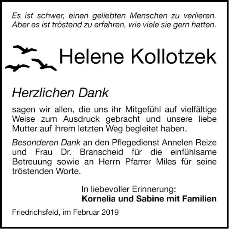  Traueranzeige für Helene Kollotzek vom 02.02.2019 aus Mannheimer Morgen