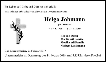 Traueranzeige von Helga Johmann von Fränkische Nachrichten