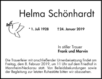 Traueranzeige von Helma Schönhardt von Mannheimer Morgen