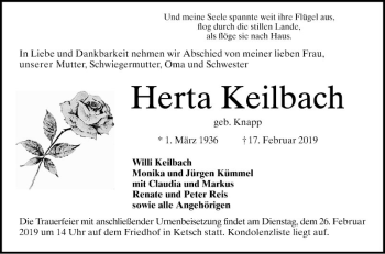 Traueranzeige von Herta Keilbach von Schwetzinger Zeitung