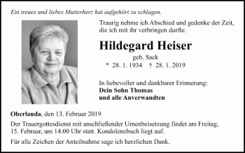 Traueranzeige von Hildegard Heiser von Fränkische Nachrichten