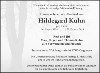 Traueranzeige von Hildegard Kuhn von Fränkische Nachrichten