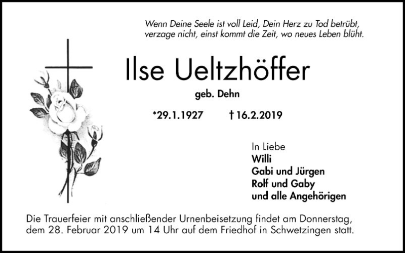  Traueranzeige für Ilse Ueltzhöffer vom 23.02.2019 aus Schwetzinger Zeitung