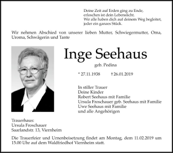 Traueranzeige von Inge Seehaus von Südhessen Morgen