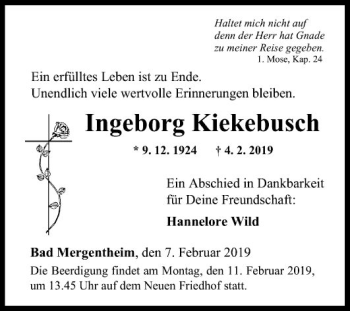 Traueranzeige von Ingeborg Kiekebusch von Fränkische Nachrichten