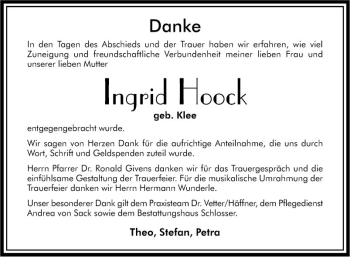 Traueranzeige von Ingrid Hoock von Südhessen Morgen