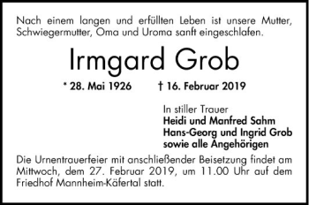 Traueranzeige von Irmgard Grob von Mannheimer Morgen