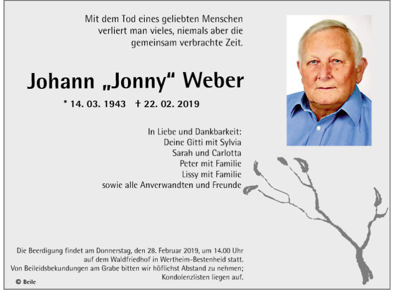  Traueranzeige für Johann Jonny Weber vom 26.02.2019 aus Fränkische Nachrichten