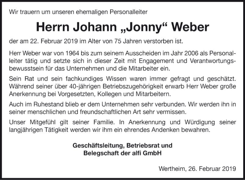  Traueranzeige für Johann Jonny Weber vom 26.02.2019 aus Fränkische Nachrichten