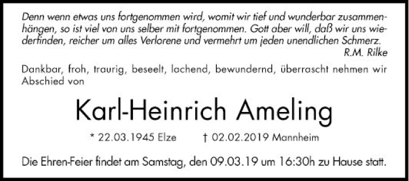  Traueranzeige für Karl-Heinrich Ameling vom 16.02.2019 aus Mannheimer Morgen