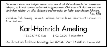 Traueranzeige von Karl-Heinrich Ameling von Mannheimer Morgen