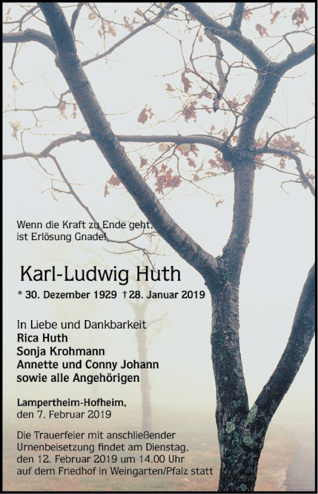  Traueranzeige für Karl-Ludwig Huth vom 07.02.2019 aus Mannheimer Morgen