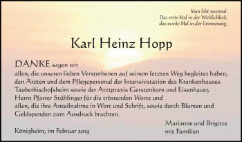 Traueranzeige von Karl Heinz Hopp von Fränkische Nachrichten