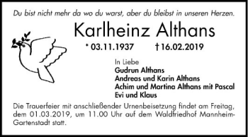 Traueranzeige von Karlheinz Althans von Mannheimer Morgen