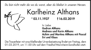 Traueranzeige von Karlheinz Althans von Mannheimer Morgen