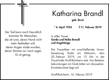 Traueranzeige von Katharina Brandl von Bergsträßer Anzeiger