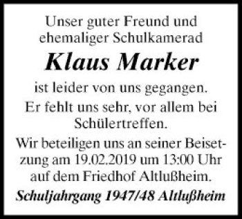 Traueranzeige von Klaus Marker von Schwetzinger Zeitung