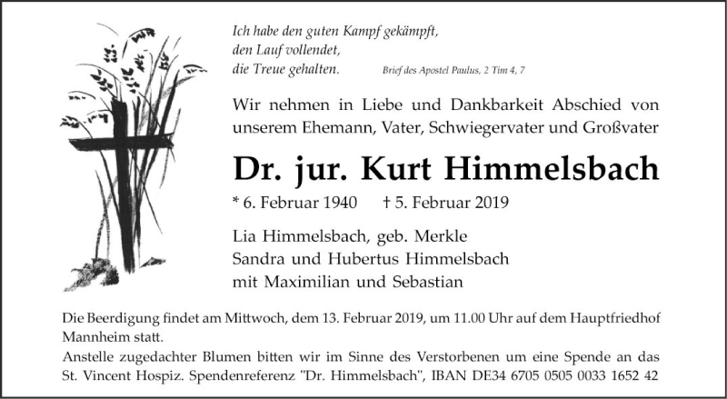  Traueranzeige für Kurt Himmelsbach vom 09.02.2019 aus Mannheimer Morgen