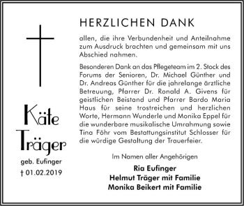 Traueranzeige von Käte Träger von Südhessen Morgen