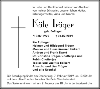 Traueranzeige von Käte Träger von Südhessen Morgen
