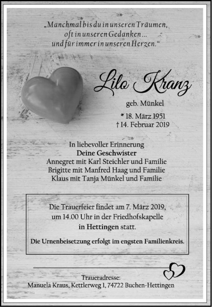  Traueranzeige für Lilo Kranz vom 21.02.2019 aus Fränkische Nachrichten