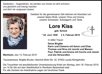 Traueranzeige von Lore Kiss von Fränkische Nachrichten