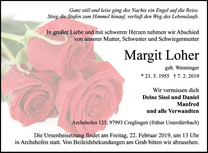  Traueranzeige für Margit Loher vom 20.02.2019 aus Fränkische Nachrichten