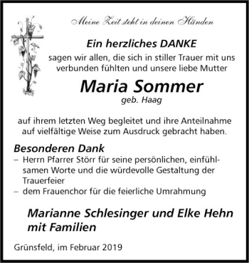 Traueranzeige von Maria Sommer von Fränkische Nachrichten