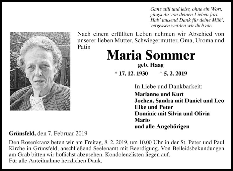 Traueranzeige für Maria Sommer vom 07.02.2019 aus Fränkische Nachrichten