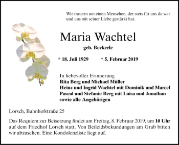 Traueranzeige von Maria Wachtel von Bergsträßer Anzeiger