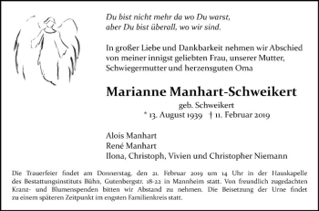 Traueranzeige von Marianne Manhart-Schweikert von Mannheimer Morgen