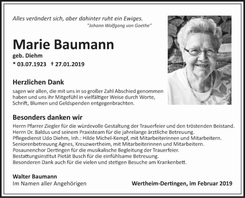  Traueranzeige für Marie Baumann vom 16.02.2019 aus Fränkische Nachrichten
