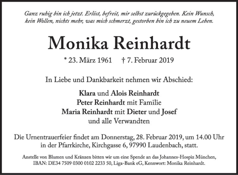  Traueranzeige für Monika Reinhardt vom 14.02.2019 aus Fränkische Nachrichten
